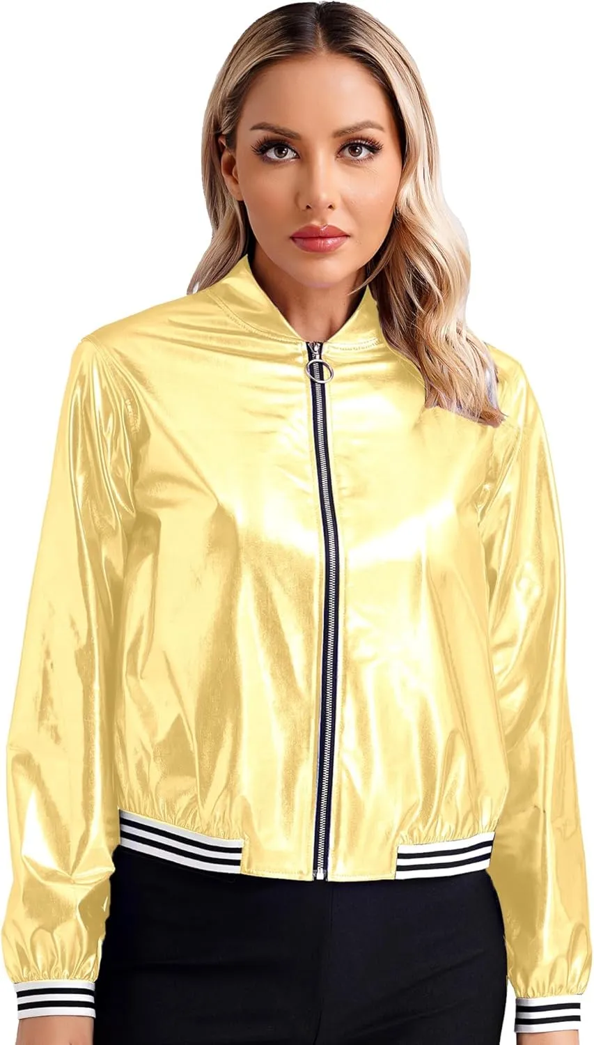 Women's Sparkly Long Sleeve Casual Jackets Adult Holographic Shiny Bomber Jacket Outerwear
