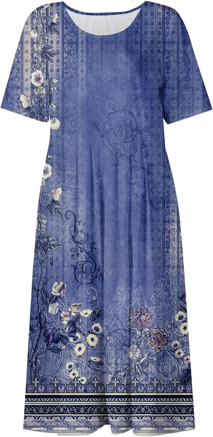 Womens Summer A-Line Dress Mini Short Sleeve Dresses Flowy Beach Swing Dress 2025 Vacation Travel with Pockets
