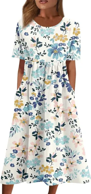 Womens Summer A-Line Dress Mini Short Sleeve Dresses Flowy Beach Swing Dress 2025 Vacation Travel with Pockets