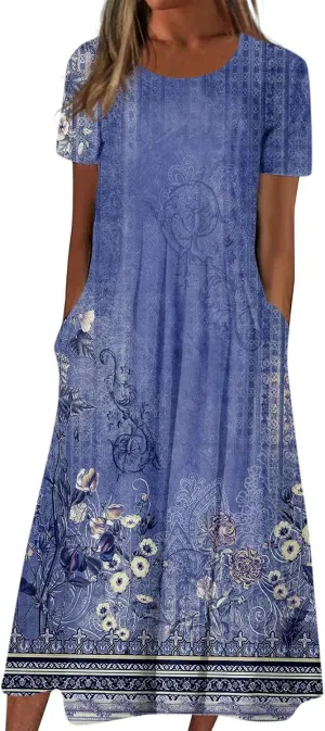 Womens Summer A-Line Dress Mini Short Sleeve Dresses Flowy Beach Swing Dress 2025 Vacation Travel with Pockets