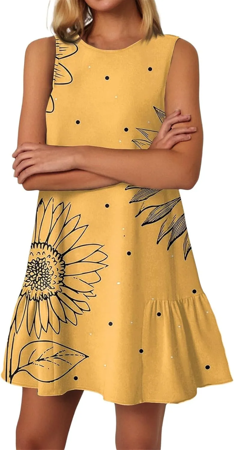 Women's Summer Dresses 2025 Round Neck Ruffle Sleeveless Tank Dress Casual A-Line Sundresses Beach Vacation Clothes