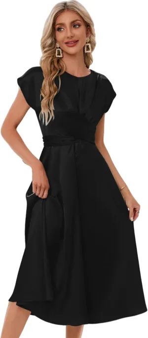 Women's Summer Satin Dress Elegant A-Line Cap Sleeves Tie Waist Flowy Midi Dress Cocktail Wedding Guest Dress