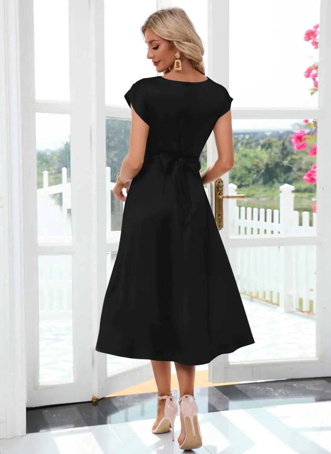 Women's Summer Satin Dress Elegant A-Line Cap Sleeves Tie Waist Flowy Midi Dress Cocktail Wedding Guest Dress