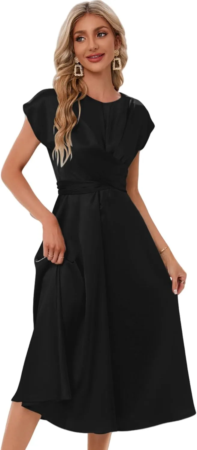 Women's Summer Satin Dress Elegant A-Line Cap Sleeves Tie Waist Flowy Midi Dress Cocktail Wedding Guest Dress