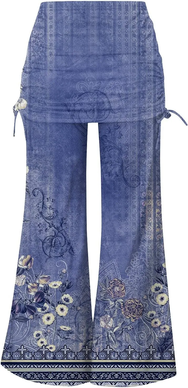 Women's Summer Vintage Print Wide Leg Pants Casual Flared Drawstring Trousers Elastic High Waist Palazzo Pants