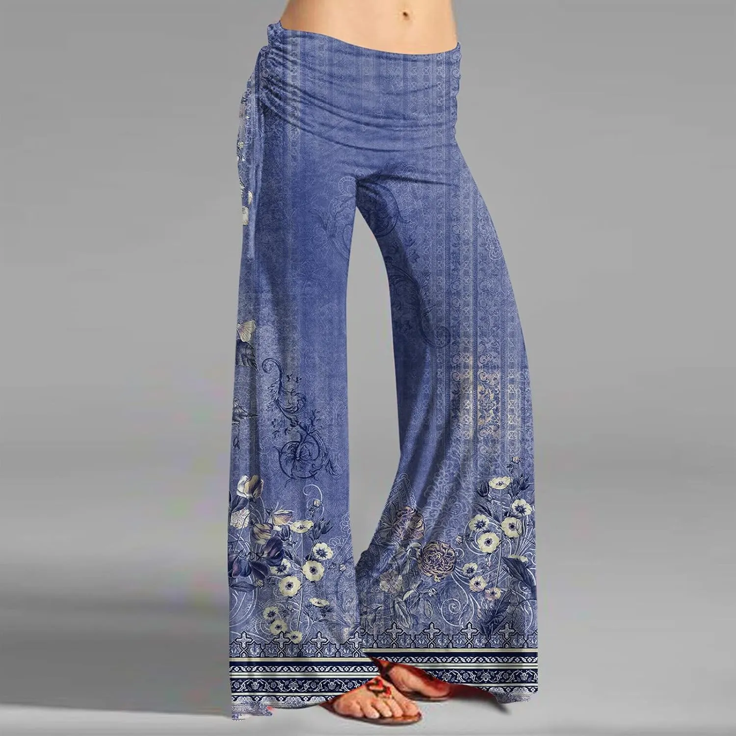 Women's Summer Vintage Print Wide Leg Pants Casual Flared Drawstring Trousers Elastic High Waist Palazzo Pants