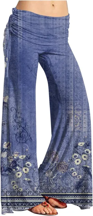 Women's Summer Vintage Print Wide Leg Pants Casual Flared Drawstring Trousers Elastic High Waist Palazzo Pants