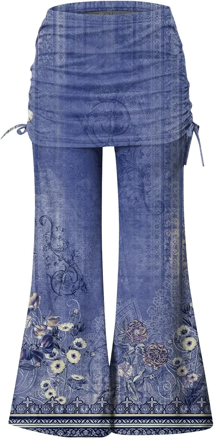 Women's Summer Vintage Print Wide Leg Pants Casual Flared Drawstring Trousers Elastic High Waist Palazzo Pants